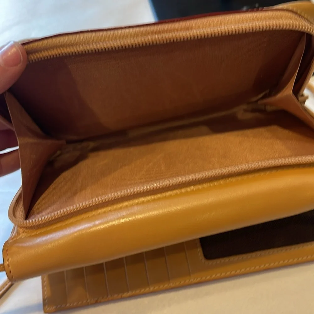 Lodis Audrey Leather Clutch Wallet VTG Tan Crossbody, Fold-Over Flap Checkbook